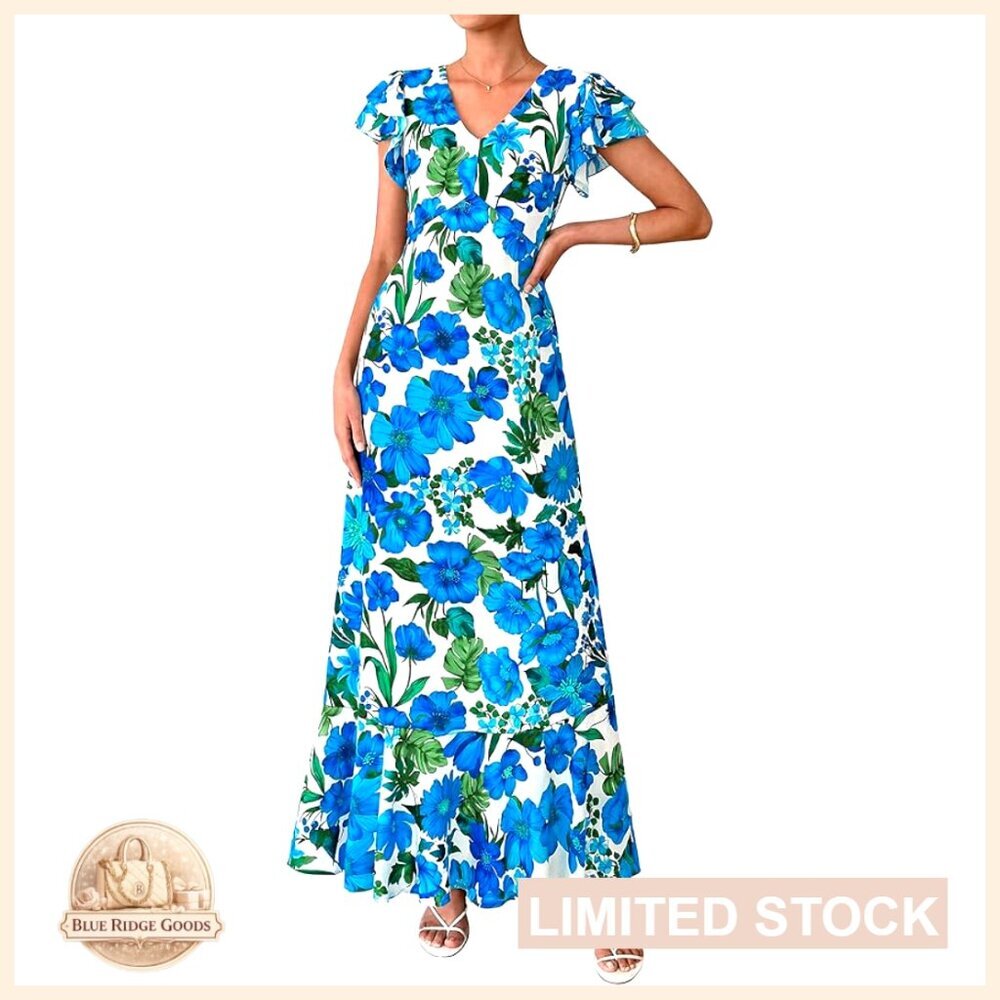 Floral Maxi Dress Ruffle Sleeve V-Neck Flowy Beach Wedding Guest Elegant